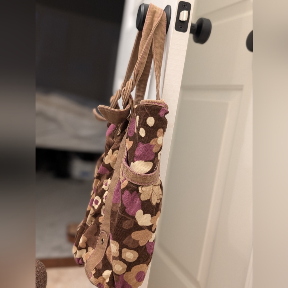 Y2K Deadstock Corduroy Chocolate Brown & Purple Floral Tote Bag - Picture 4 of 7